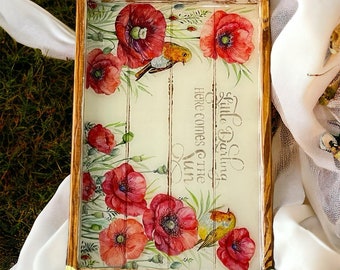 Handmade decoupage Painted Massive Wood Ottoman Serving Tray with handles | Valentines day gift  | Wooden Decorative tray
