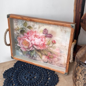 Handmade decoupage Painted Massive Wood Serving Tray with handles| New year gift | Wooden Decororative tray