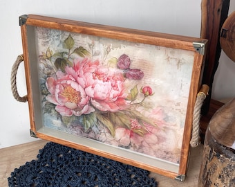 Handmade Decoupage Wood Serving Tray: Floral Butterfly Design