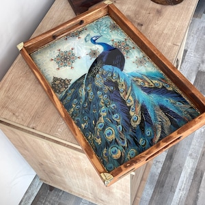 Handmade Painted Massive Wood Serving Tray with handles | Unique  Gift  | Wooden Decor | Birthday gift for women