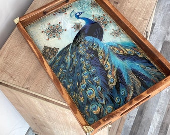 Handmade Painted Massive Wood Serving Tray with handles | Unique  Gift  | Wooden Decor | Birthday gift for women