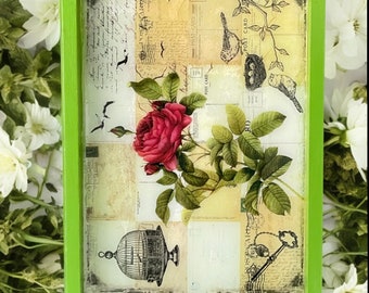 Handmade Decoupage Wood Serving Tray: Epoxy Finish, Rope Handles