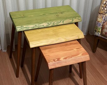 Pine Wood Nesting Coffee Table Set: Rustic Accent Tables, Set of 3