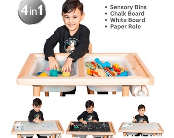 Solid Pine Montessori Activity Table and Chair, arts and crafts table with sensory bins, double sided chalk and dry erase board, paper role