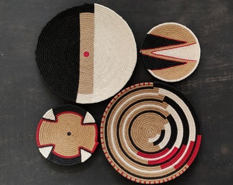 Set of 4 african wall basket, wall basket, wall art, woven wall basket, wall plate, black and red, boho wall basket, home decoration, basket