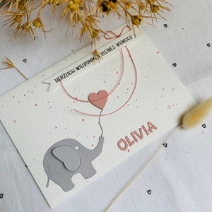Karte zur Geburt personalisiert, Babykarte, Grußkarte, Gratulationskarte, Elefanten zdjęcie 5