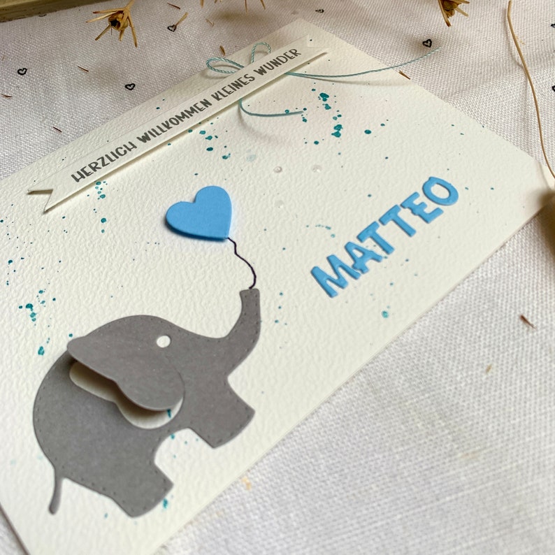 Karte zur Geburt personalisiert, Babykarte, Grußkarte, Gratulationskarte, Elefanten Bild 8