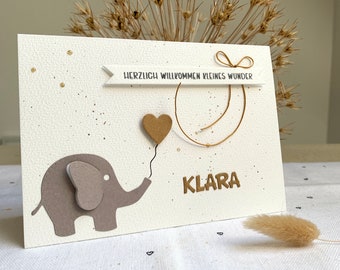 Karte zur Geburt,  personalisierte Babykarte zur Geburt, Glückwunschkarte Junge oder Mädchen, Babykarte mit Namen handmade, Tiermotiv