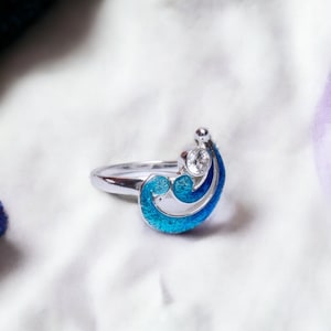 Anillo de plata 925, anillo de olas de mar, anillo de esmalte azul con piedra cz blanca, anillo con diseño de olas en forma de remolino.