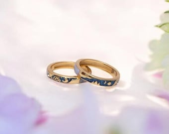 Sun and Moon Couple Rings, 925 Silver Enamel Matching Band Set for Him and Her, 18K Gold over Starling, Romantic Gift, Wedding Bands,