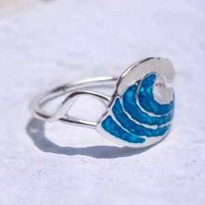 925 silver ring, sea wave ring, blue enamel ring, wave design ring.  wedding gift, anniversary gift.
