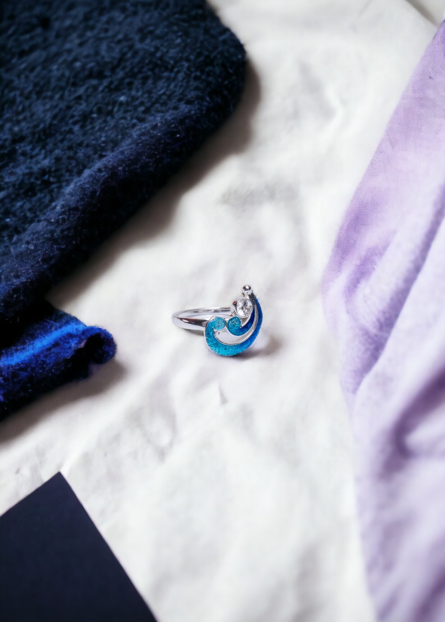 925 silver ring, sea wave ring, blue enamel ring with white c z stone, swirly wave  design ring.