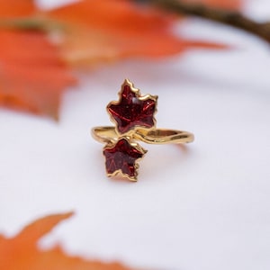 925 silver maple leaf ring  in 18k gold over starling with red enamel ring. Gorgeous ring. Autumn ring . Best gift for fall. Gift for her.