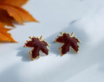 925 silver maple leaf stud earrings with red enamel. 18K gold over starling, Autumn earrings, best gift for fall, gift for her.