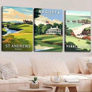 Augusta, Pebble Beach & St Andrews Golf Course Canvas Print Set: Minimalist Cartoon Style
