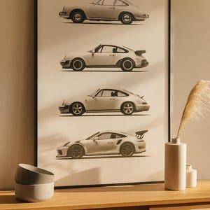 Porsche 911 Style Print | Sports Car Wall Art of Last 4 Generations | Automotive Print for Car Enthusiasts, Man Cave & Garage Decor
