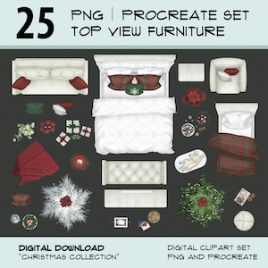 May include: A digital clipart set of 25 Christmas-themed furniture and decor items in a top-down view. The set includes a bed, couch, armchair, nightstand, throw pillows, blankets, a Christmas tree, presents, and more. The items are all white with red and green accents.