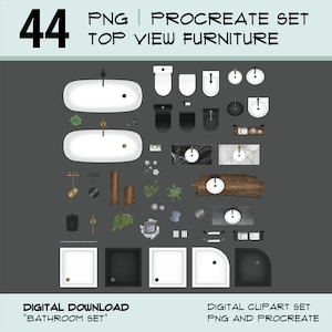 May include: Digital clipart set featuring top-view bathroom furniture. Includes bathtubs, toilets, sinks, showers, and decorative elements. The image includes the text "44 PNG | PROCREATE SET TOP VIEW FURNITURE" and "DIGITAL DOWNLOAD BATHROOM SET DIGITAL CLIPART SET PNG AND PROCREATE".