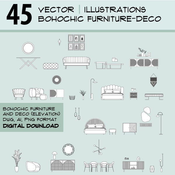 Furniture drawings Bohochic style furniture, vector illustration, elevation, DWG - AI  format, dwg blocks, interior design, layout floorplan