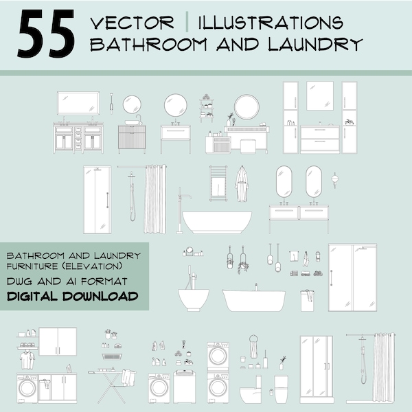 Dibujos de muebles Baño y lavandería, ilustración vectorial, elevación, formato DWG-AI, arquitectura y decoración, bloques dwg, diseño de interiores
