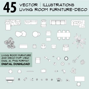 Living room furniture and decoration, vector illustration, top view, DWG-AI format-PNG, architecture and decor, dwg blocks, interior design