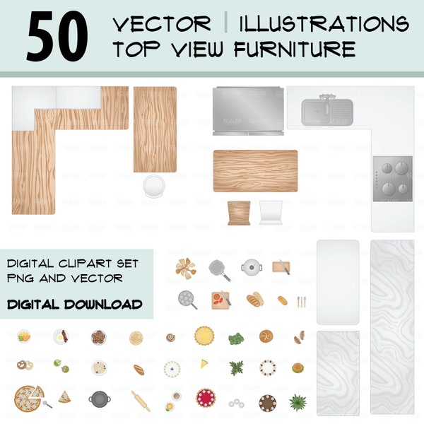 Furniture and decor clipart, vector illustration, top view furniture, Food and Kitchen, AI - PNG vector, Food illustration, printable