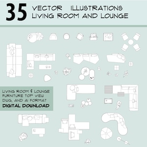 Living room and lounge furniture, vector illustration, top view, DWG-AI format-PNG, architecture and decor, dwg blocks, interior design