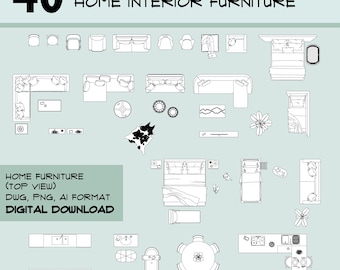 May include: A set of 40 black and white vector illustrations of home interior furniture, including beds, sofas, chairs, tables, and other common household items. The illustrations are in a top-down view, making them ideal for use in floor plans or interior design projects. The text "HOME FURNITURE (TOP VIEW) DWG, PNG, AI FORMAT DIGITAL DOWNLOAD" is included in the image.