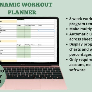 May include: A laptop computer displaying a spreadsheet with the title "Dynamic Workout Planner". The spreadsheet is divided into three sections: Day 1 - Push, Day 2 - Pull, and Day 3 - Legs. Each section has columns for exercise, weight, total reps, volume, and notes. The text "NOT NEED TO ENTER ANY EXERCISES" is displayed below the laptop.