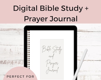 Pode incluir: Um planejador digital na tela de um tablet com fundo branco. O planejador é intitulado "Bible Study and Prayer Journal". O texto está em uma fonte manuscrita. O tablet está em uma superfície de madeira branca com uma caneta branca ao lado.