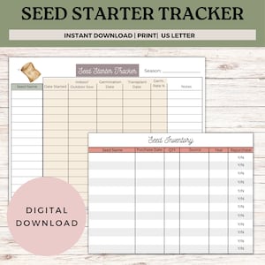 May include: Printable seed starter tracker and inventory sheet with a brown and white seed packet illustration. The tracker includes sections for seed name, date started, indoor/outdoor sow, germination date, transplant date, germination rate, and notes. The inventory sheet includes sections for seed name, purchase date, quantity, source, year, and repurchase.