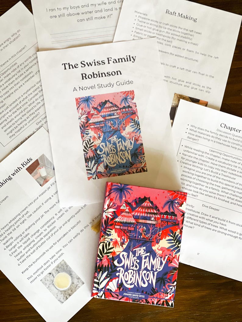 May include: A colorful book cover with a jungle scene and a treehouse. The title of the book is "The Swiss Family Robinson" by Johann David Wyss. The book cover is a vibrant mix of pink, green, blue, and yellow.