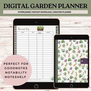 May include: Digital garden planner on a tablet screen with a harvest log table and a floral pattern cover. The planner is ideal for Goodnotes, Notability, and Noteshelf.