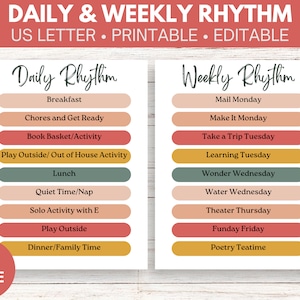Rythme quotidien et hebdomadaire imprimable | Rythme quotidien pour l'école à la maison | Graphique du rythme quotidien | Programme de la boucle | Routine d'école à la maison | Routine modifiable