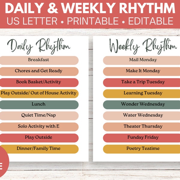 Daily and Weekly Rhythm Printable | Homeschool Routine | Daily Rhythm Chart | Editable Routine | Boho Loop Schedule