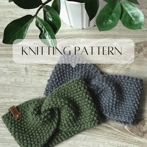 May include: Two knitted headbands, one green and one gray, with a knotted design. The headbands are on a wooden surface. The text "KNITTING PATTERN" is visible in the image.