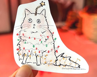 Christmas Tree Cat Sticker | Funny Holiday Kitty Sticker Matte Weatherproof Finish