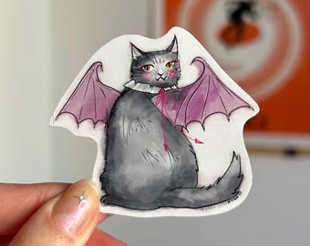 Vampire Cat Halloween Sticker | Matte Weatherproof Kitty