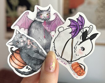 Halloween Cats & Buns Animal Pumpkin Sticker Set | Matte Weatherproof Stickers (3pc)