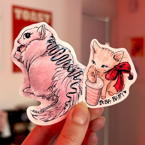 Donut Eichhörnchen und Boba Tea Kitty Wetterfeste Aufkleber Set (2 Stück) | Personalisieren Sie Ihre Geräte | Lustiges Geschenk für Studenten & Kinder