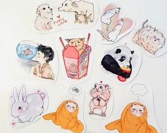 Animals & Food Fun Sticker Pack | Kitty, Panda, Bunny, Dog, Hamster (11pc) Weatherproof Matte Stickers