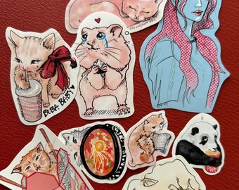 Asian Food Animal Sticker Pack | Panda, Cat, Puppy Matte Stickers (9pc)
