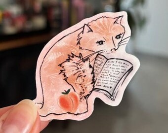 Peach Emoji Book Cat Sticker | Matte Weatherproof Kitty Sticker