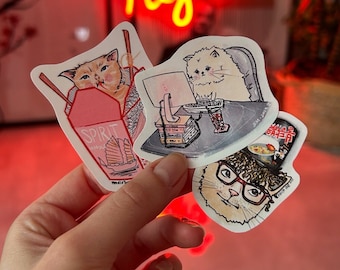 Funny Cat Laptop Stickers (3pc) | Girlboss, Ramen Hair, Takeout Kitty Weatherproof Matte Sticker Pack