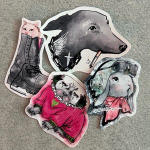 Rocker Chick Animal Sticker Set (4pc) | Dog, Cat, Bunny Stickers | Matte Weatherproof Stickers | Fun Animal Lover Gift Idea