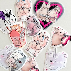 Paquete variado de 11 pegatinas de animales con temática navideña de conejo y gatito / Pegatinas divertidas de comida para gamers, Pascua, Navidad y Halloween