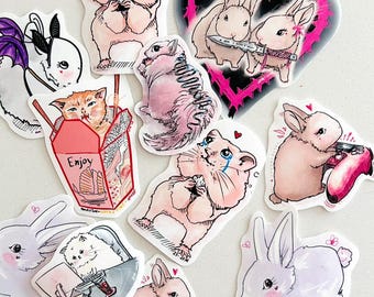 11pc Bunny & Kitty Animal Sticker Pack | Holiday Gamer Food Variety Pack