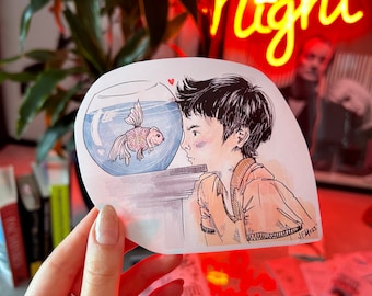 Boy and Fish Friendship Sticker | Weatherproof Matte Sticker