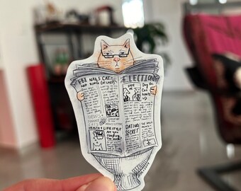 Toilet Newspaper Reading Cat Sticker | Weatherproof Funny Meme Sticker