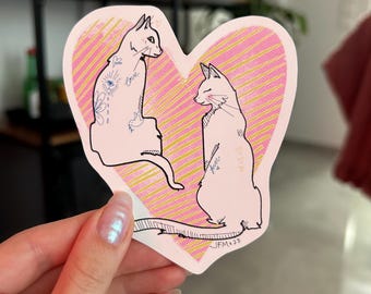 Tattooed Cats Heart Sticker | Matte Finish, Funny Cat Lover Gift